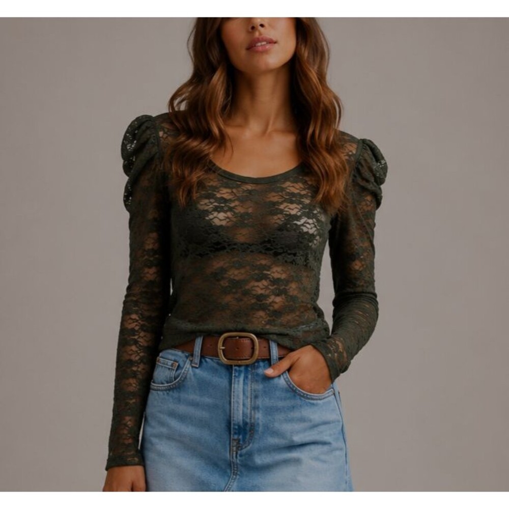 Bozzolo Olive Green Sheer Floral Lace Puff Sleeve Top Size L Y2K Boho Grunge